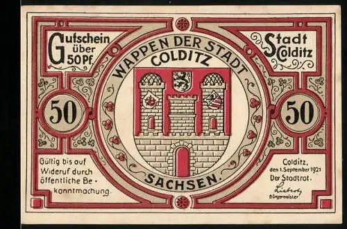 Notgeld Colditz, 1921, 50 Pfennig, Wappen der Stadt Colditz und Heimatturm