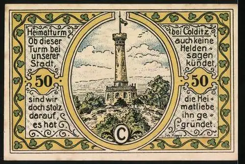 Notgeld Colditz, 1921, 50 Pfennig, Wappen der Stadt Colditz und Heimatturm