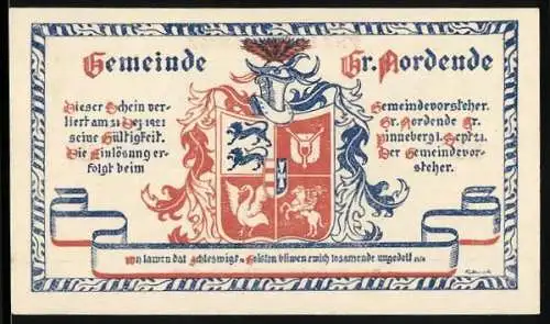 Notgeld Gross Nordende 1921, 25 Pfennig, Gemeindewappen und bäuerliche Szene mit Kühen und Bauer