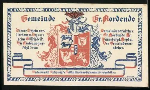 Notgeld Gross Nordende 1921, 50 Penn, Gebäude und Wappen der Gemeinde Gr. Nordende