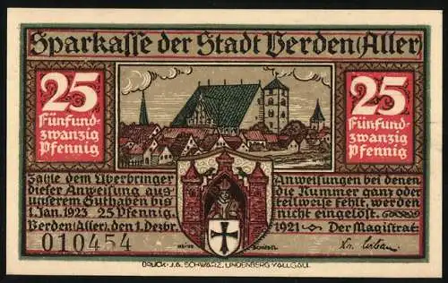 Notgeld Verden Aller, 1921, 25 Pfennig, Stadtansicht und Gedenken an Störtebecker