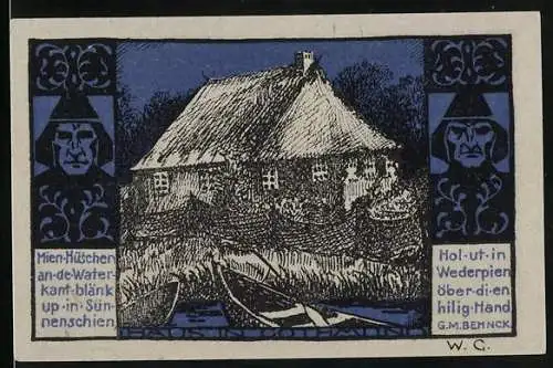 Notgeld Gothmund-Lübeck 1921, 50 Pfennig, Haus mit Reetdach und Fischer am Wasser, gültig bis 31. Dezember 1921