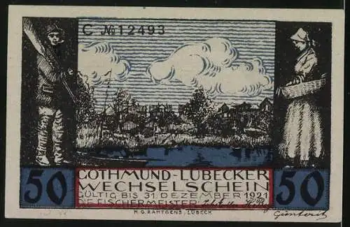 Notgeld Gothmund-Lübeck 1921, 50 Pfennig, Haus mit Reetdach und Fischer am Wasser, gültig bis 31. Dezember 1921