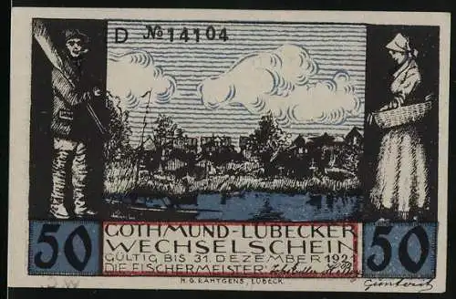 Notgeld Gothmund-Lübeck 1921, 50 Pfennig, Fischer und Fischermeister vor Flusslandschaft