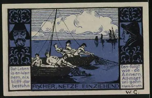 Notgeld Gothmund-Lübeck 1921, 50 Pfennig, Fischer und Fischermeister vor Flusslandschaft