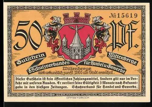 Notgeld Wittenberge, 50 Pfennig, Stadt Realgymnasium und Stadtwappen in Rot und Schwarz