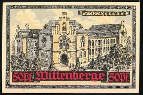 Notgeld Wittenberge, 50 Pfennig, Stadt Realgymnasium und Stadtwappen in Rot und Schwarz