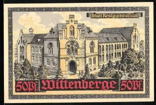 Notgeld Wittenberge, 50 Pf., Stadt Realgymnasium und Wappen, Gutschein des Schutzverbandes für Handel und Gewerbe