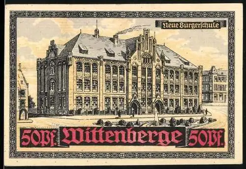 Notgeld Wittenberge, 50 Pf, Neue Bürgerschule und Stadtwappen, Gutschein des Schutzverbandes für Handel und Gewerbe