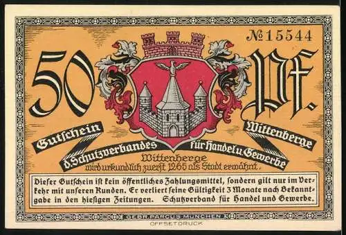 Notgeld Wittenberge, 50 Pf, Neue Bürgerschule und Stadtwappen, Gutschein des Schutzverbandes für Handel und Gewerbe