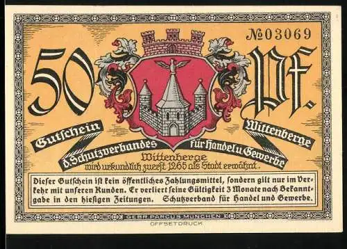 Notgeld Wittenberge, 50 Pf, Lyzeum und Stadtwappen mit Beschreibung