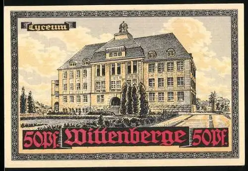 Notgeld Wittenberge, 50 Pf, Lyceum und Stadtwappen, Gutschein des Schutzverbandes für Handel und Gewerbe