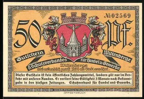 Notgeld Wittenberge, 50 Pf, Gutschein des Schutzverbandes für Handel und Gewerbe mit Wittenberger Stadtwappen