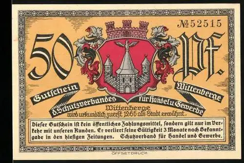 Notgeld Wittenberge, 1921, 50 Pf, Gutschein des Schutzverbandes für Handel und Gewerbe, Altstadtansicht