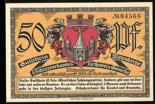 Notgeld Wittenberge, 1925, 50 Pf, Gutschein des Schutzverbandes für Handel und Gewerbe, Rathausabbildung