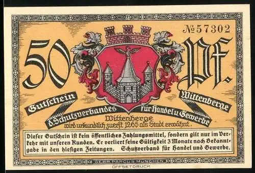 Notgeld Wittenberge, 1921, 50 Pf, Gutschein des Schutzverbandes für Handel und Gewerbe, Rathaus-Abbildung