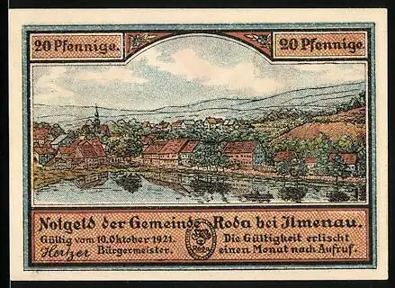 Notgeld Roda bei Ilmenau 1921, 20 Pfennig, Landschaft und Eiche Illustrationen