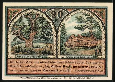 Notgeld Roda bei Ilmenau 1921, 20 Pfennig, Landschaft und Eiche Illustrationen