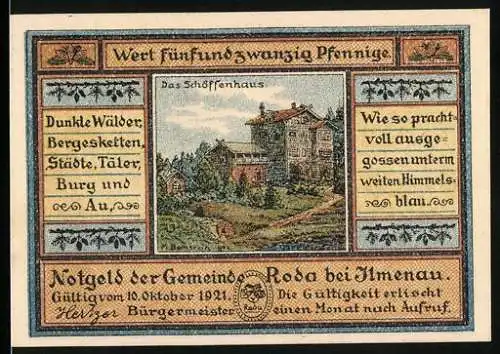 Notgeld Roda bei Ilmenau, 1921, 25 Pfennig, Das Schöffenhaus, Postkutsche und Gedicht