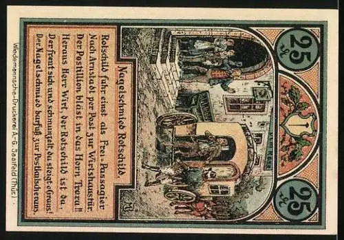 Notgeld Roda bei Ilmenau, 1921, 25 Pfennig, Das Schöffenhaus, Postkutsche und Gedicht