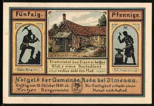 Notgeld Roda bei Ilmenau 1921, 50 Pfennig, Schmiede und Bergmann Szenen, Goethe Besuch, Jagdszene im Wald