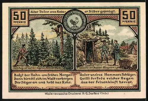 Notgeld Roda bei Ilmenau 1921, 50 Pfennig, Schmiede und Bergmann Szenen, Goethe Besuch, Jagdszene im Wald