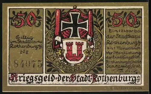 Notgeld Rothenburg, 1918, 50 Pfennig, Soldat mit Gewehr und Stadtansicht, Stadtwappen, Kriegsnotgeld