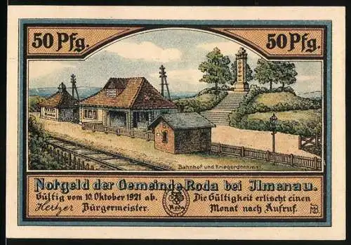 Notgeld Roda bei Ilmenau, 1921, 50 Pfennig, Bahnhof und Kriegerdenkmal, Kirche erbaut 1251, Eisenwaren und Glasindustrie