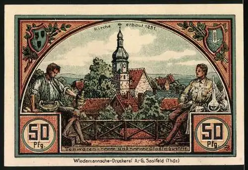 Notgeld Roda bei Ilmenau, 1921, 50 Pfennig, Bahnhof und Kriegerdenkmal, Kirche erbaut 1251, Eisenwaren und Glasindustrie