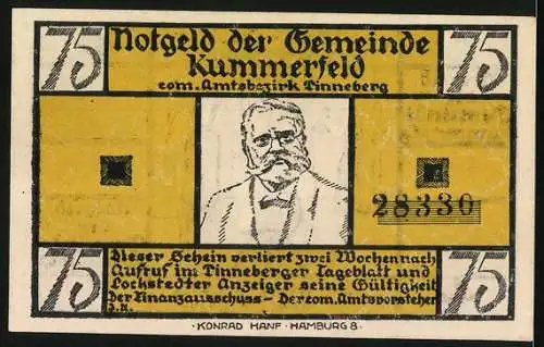 Notgeld Kummerfeld, 75 Pfennig, Gedicht von Fritz Reuter und Portrait, Amtsbezirk Pinneberg