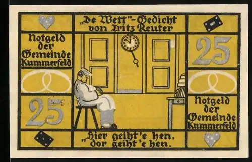 Notgeld Kummerfeld, 25 Pfennig, Gedicht von Fritz Reuter, gelb-schwarz, Seriennummer 19230