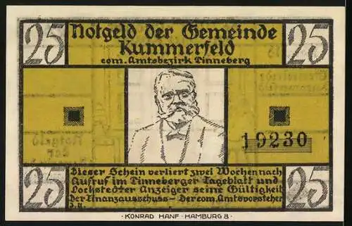 Notgeld Kummerfeld, 25 Pfennig, Gedicht von Fritz Reuter, gelb-schwarz, Seriennummer 19230