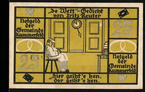 Notgeld Kummerfeld, 1921, 25 Pfennig, De Wett-Gedicht von Fritz Reuter - Gültigkeit im Tinneberger Lagerblatt