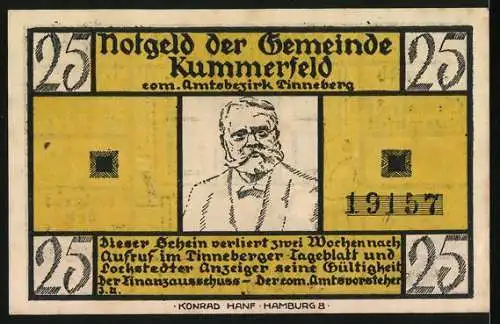 Notgeld Kummerfeld, 1921, 25 Pfennig, De Wett-Gedicht von Fritz Reuter - Gültigkeit im Tinneberger Lagerblatt