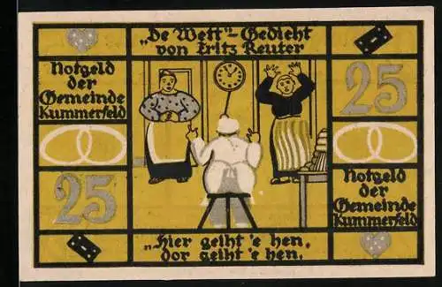 Notgeld Kummerfeld, 1921, 25 Pfennig, De Wacht-Gedicht von Fritz Reuter und Porträt