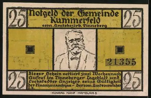 Notgeld Kummerfeld, 1921, 25 Pfennig, De Wacht-Gedicht von Fritz Reuter und Porträt