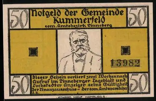 Notgeld Kummerfeld, 50 Pfennig, Porträt und Seriennummer, Gedicht von Fritz Reuter