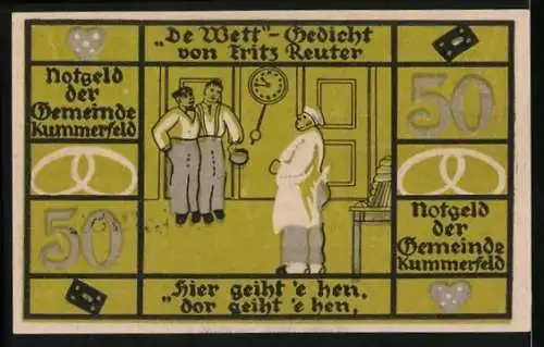 Notgeld Kummerfeld, 50 Pfennig, Porträt und Seriennummer, Gedicht von Fritz Reuter