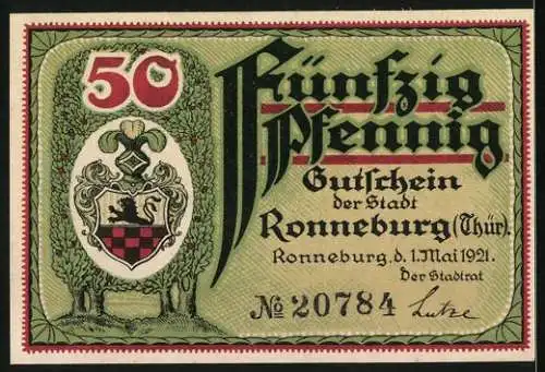 Notgeld Ronneburg 1921, 50 Pfennig, Rathausabbildung und Stadtwappen, Gutschein der Stadt Ronneburg