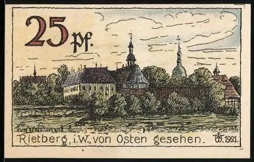 Notgeld Rietberg 1921, 25 Pf, Gutschein der Stadt Rietberg mit Stadtansicht von Osten