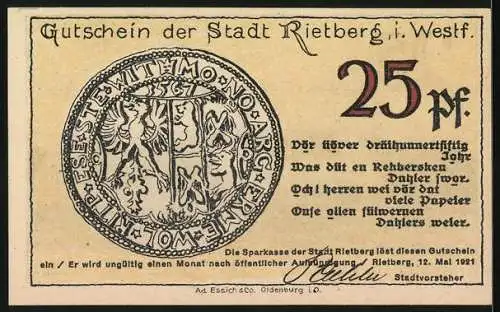 Notgeld Rietberg 1921, 25 Pf, Gutschein der Stadt Rietberg mit Stadtansicht von Osten