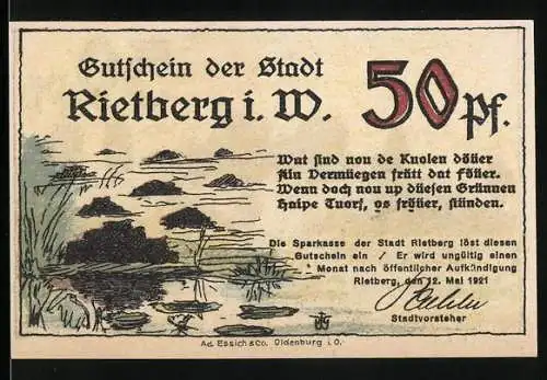 Notgeld Rietberg i. W., 1921, 50 Pf., Gutschein der Stadt Rietberg, Schlosswälle bei Rietberg i. Westfalen