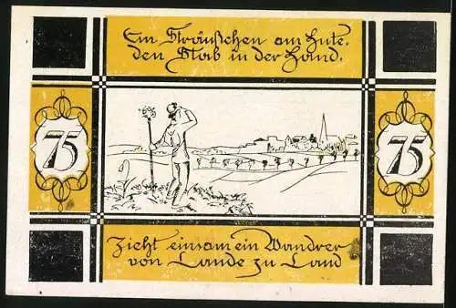 Notgeld Bilsen 1921, 75 Pfennig, Landschaftsbild und Spruch