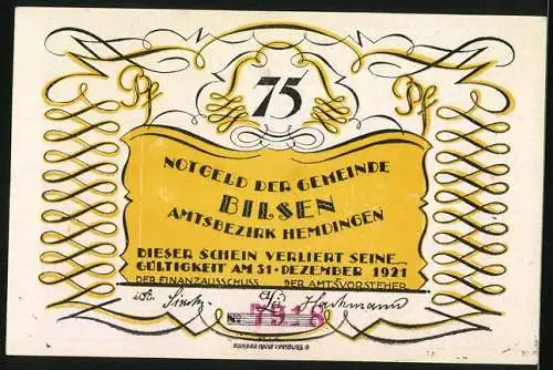 Notgeld Bilsen 1921, 75 Pfennig, Darstellung eines Jägers und eines fliehenden Hirsches, gelb-schwarzes Design