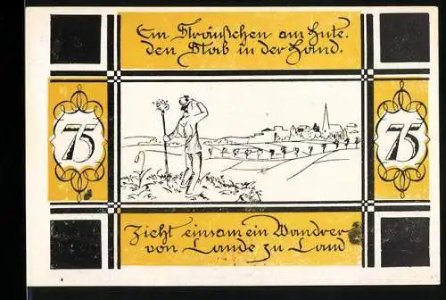 Notgeld Bilsen 1921, 75 Pfennig, Bauer mit Sense und Stadtansicht, Gültigkeit bis 31. Dezember 1921