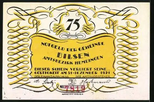 Notgeld Bilsen 1921, 75 Pfennig, Bauer mit Sense und Stadtansicht, Gültigkeit bis 31. Dezember 1921