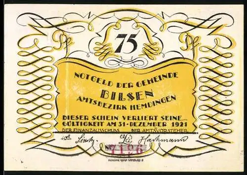 Notgeld Bilsen 1921, 75 Pfennig, gelb-schwarze Verzierungen mit Jäger und Hund