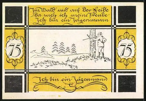 Notgeld Bilsen 1921, 75 Pfennig, gelb-schwarze Verzierungen mit Jäger und Hund