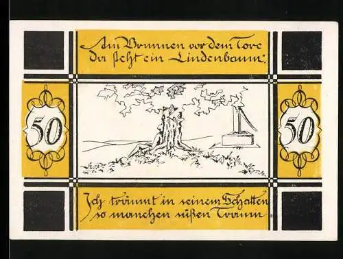 Notgeld Bilsen 1921, 50 Pfennig, Gemeinde Bilsen Amtsbezirk Hemdingen, Brunnen und Lindenbaum