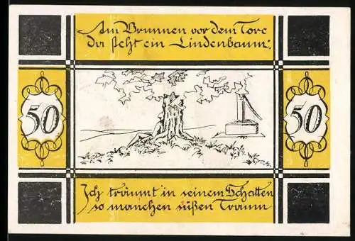 Notgeld Bilsen, 1921, 50 Pfennig, Lindenbaum und Brunnen, gelb-schwarz Design